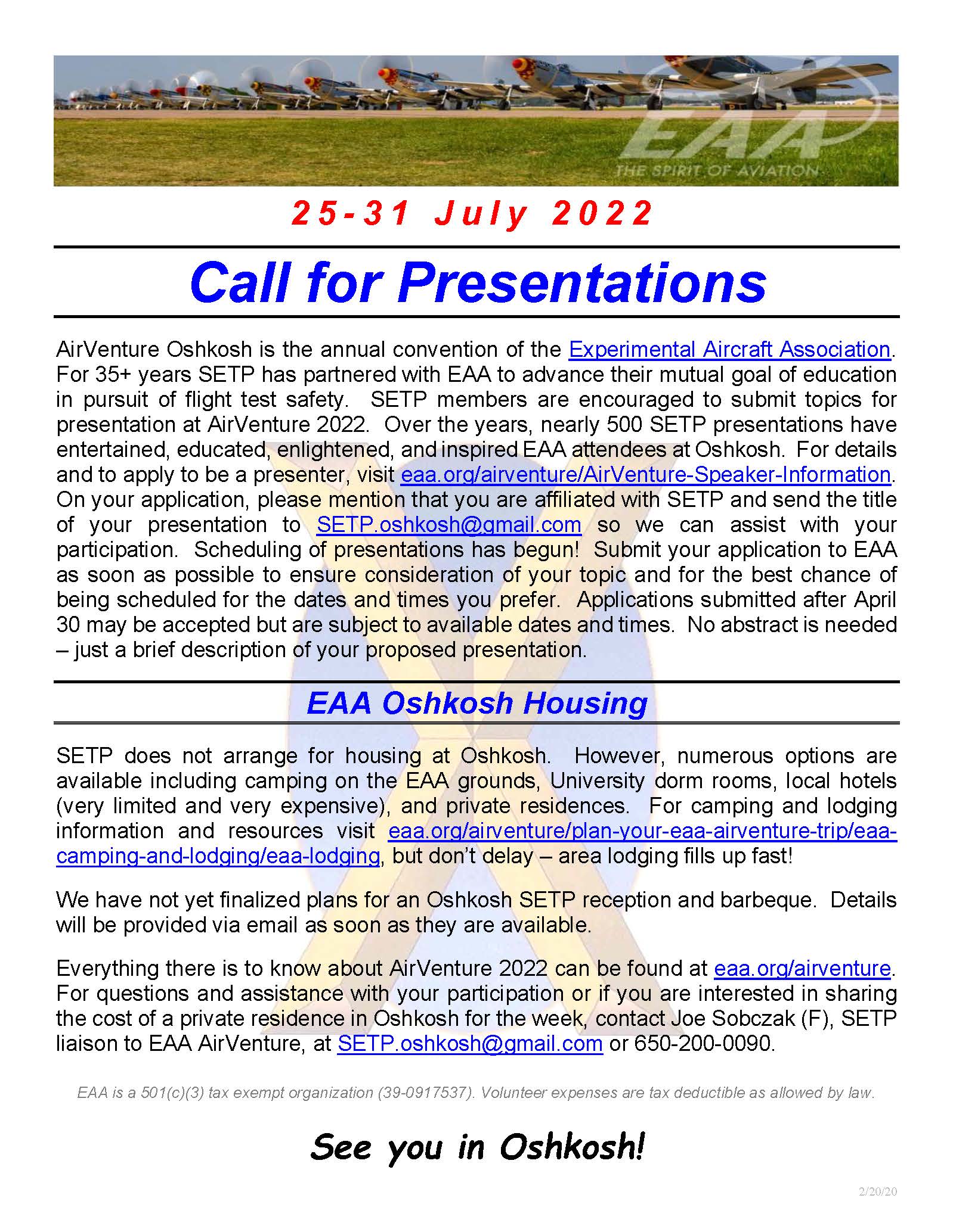 Call For Papers AirVenture 2022