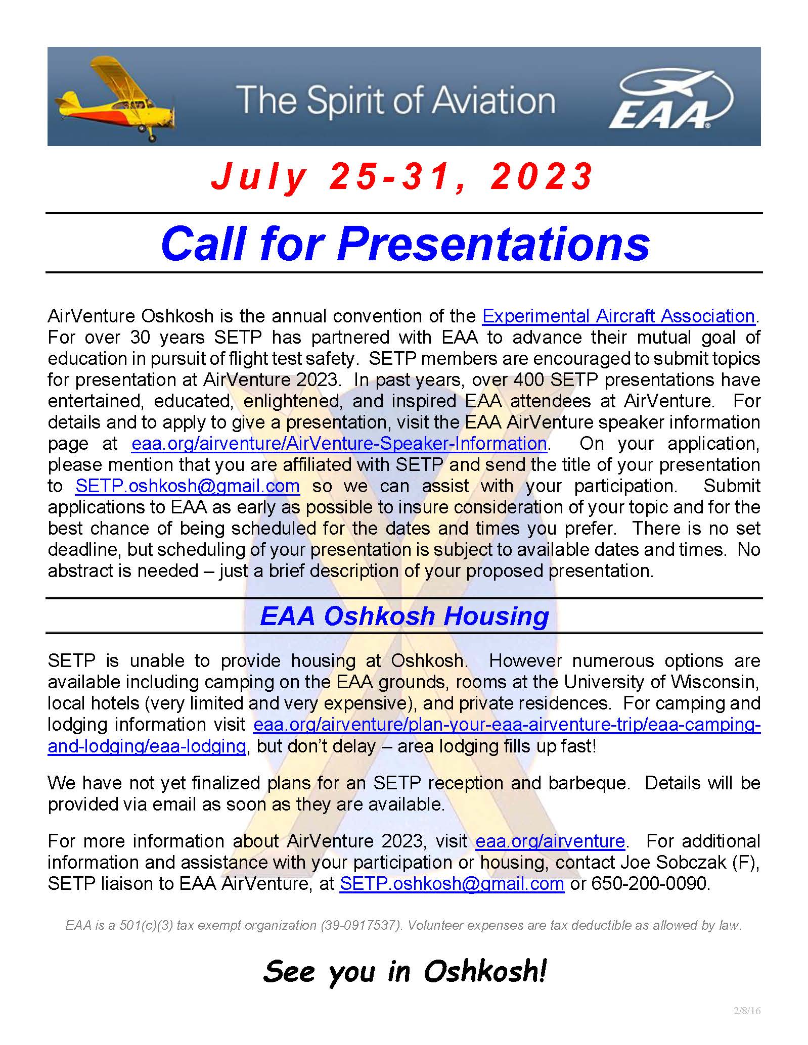 Call For Papers AirVenture 2023
